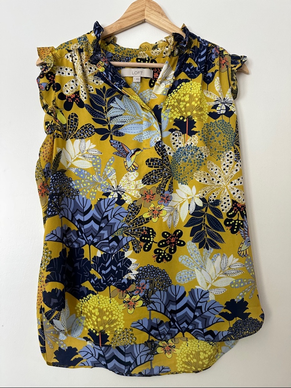 LOFT Mustard Floral snd Bird Design Sleeveless Ruffle Neck Top